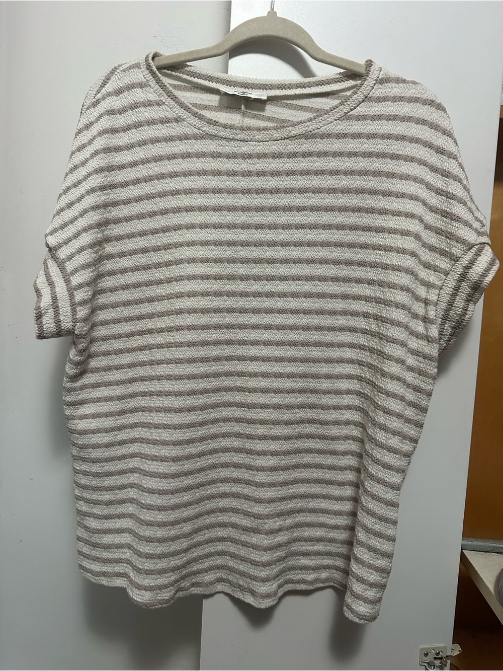 Moa Moa Beige & White Striped Short Sleeve Knit Top